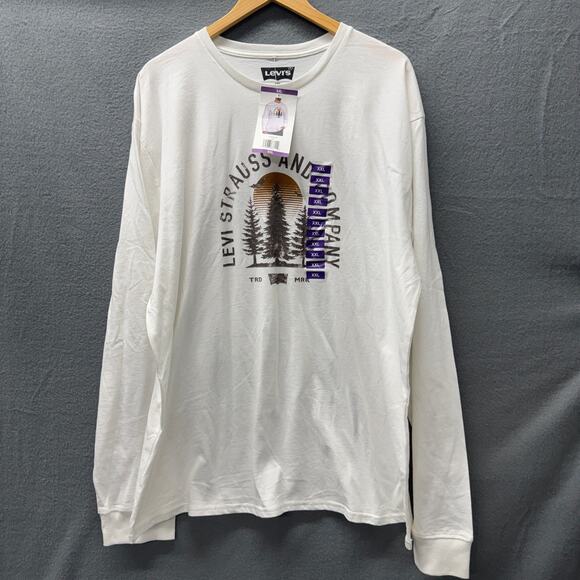 Levi's T-Shirt Mens XXL Long Sleeve Tree Logo White Brown Cotton NEW - Picture 1 of 5